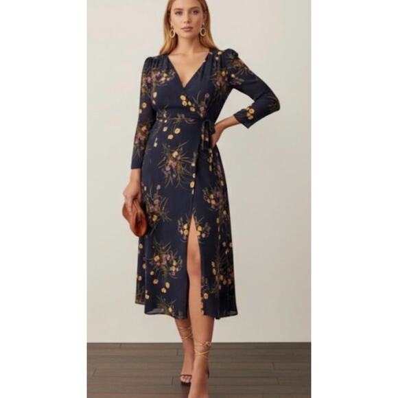 Reformation Dresses & Skirts - REFORMATION Melba Floral Wrap Midi Dress in Mademoiselle Navy Blue Size Small